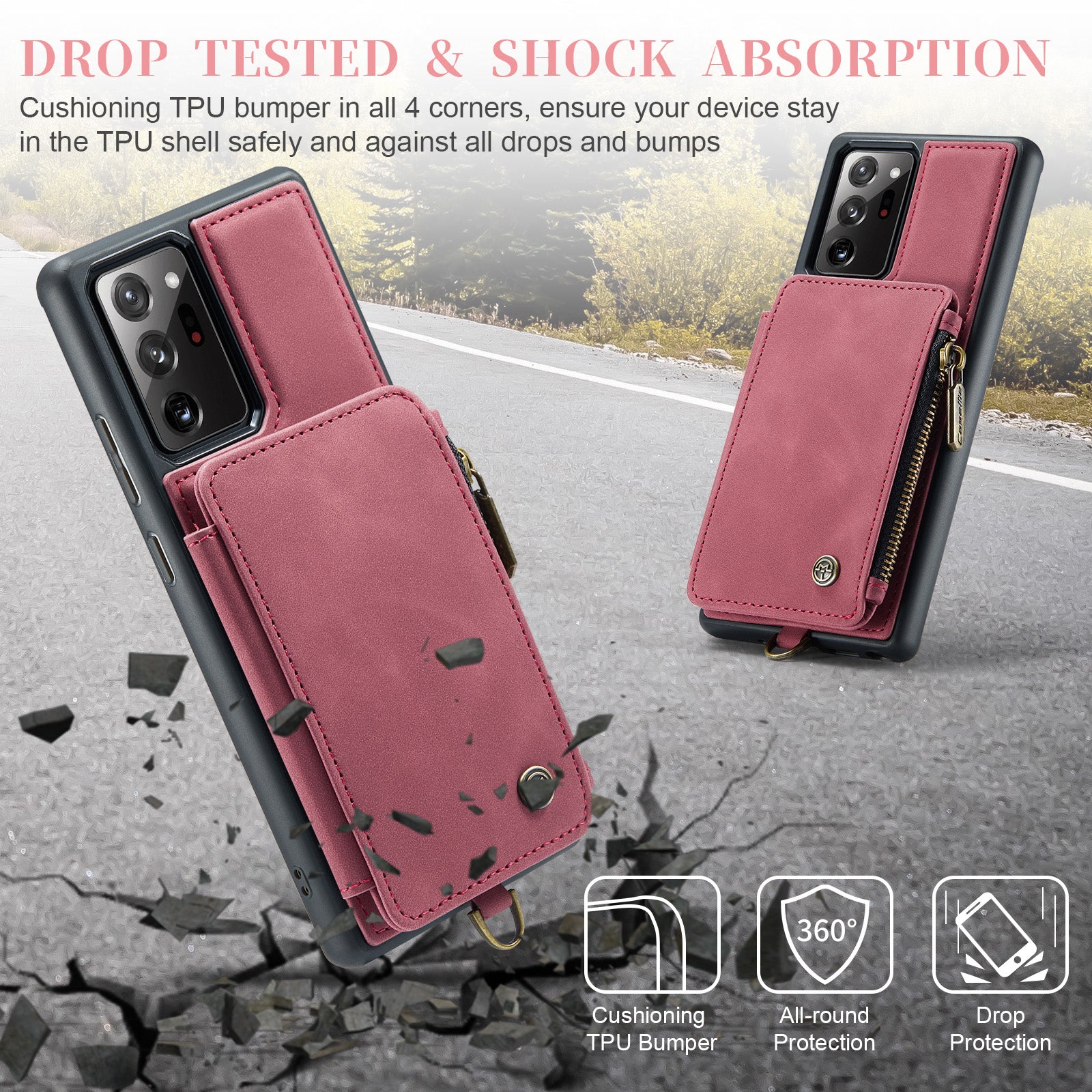 CASEME C20 Series for Samsung Galaxy Note20 Ultra Note20 Ultra 5G RFID Blocking Zipper Pocket Anti-drop Phone Case Anti-scratch Back Cover Wallet Kickstand