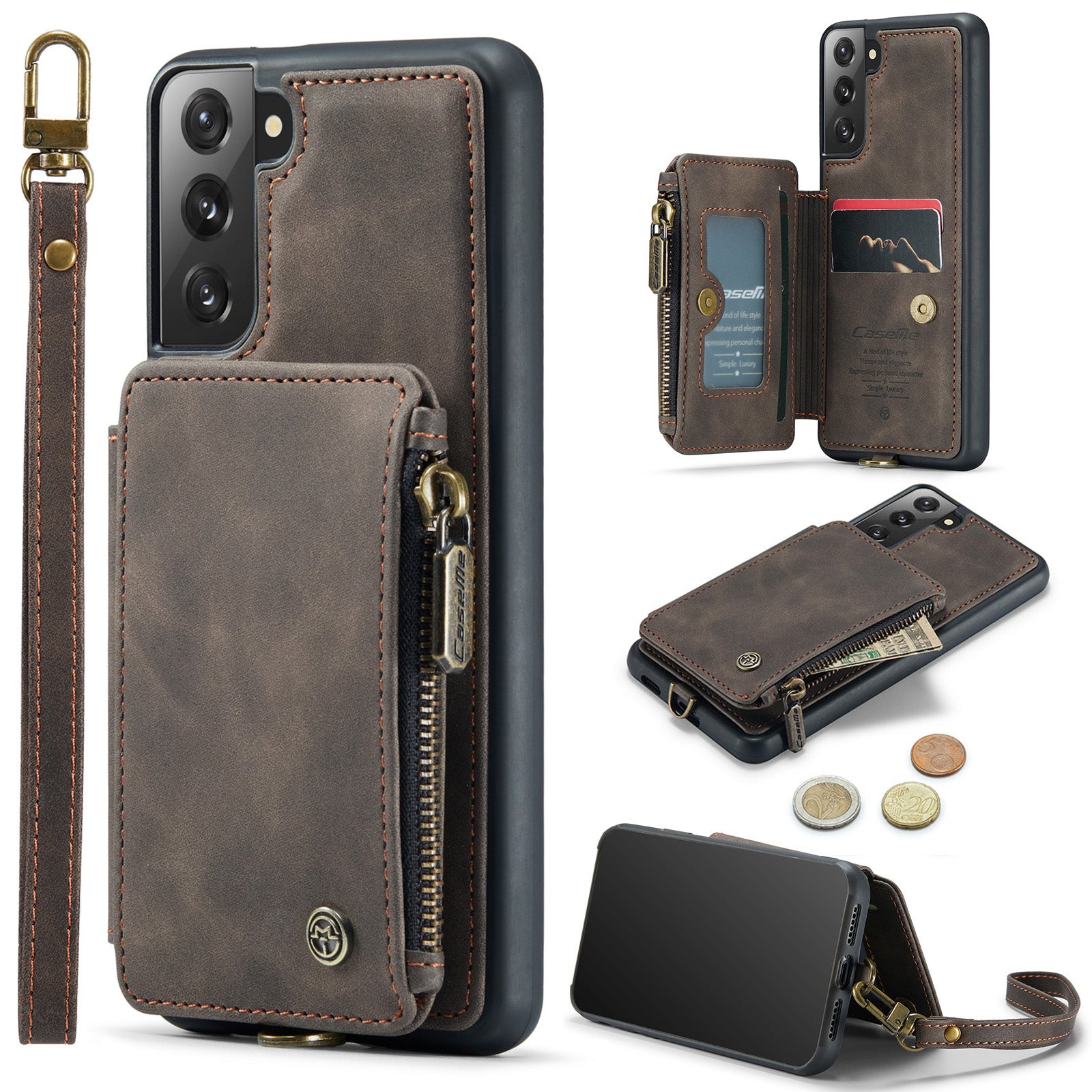 CASEME C20 Series for Samsung Galaxy S21 FE 5G Zipper Pocket RFID Blocking Phone Case PU Leather Coated TPU Kickstand Cover with Strap