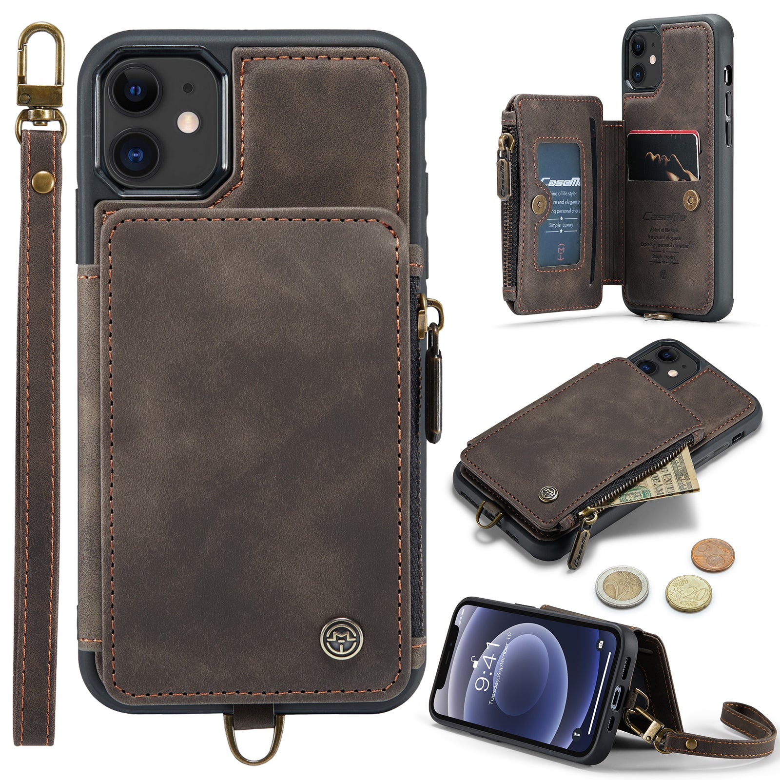 CASEME C20 Series for iPhone 12 12 Pro 6.1 inch RFID Blocking Handbag Kickstand Phone Cover PU Leather Coated TPU Zipper Wallet Case with Strap