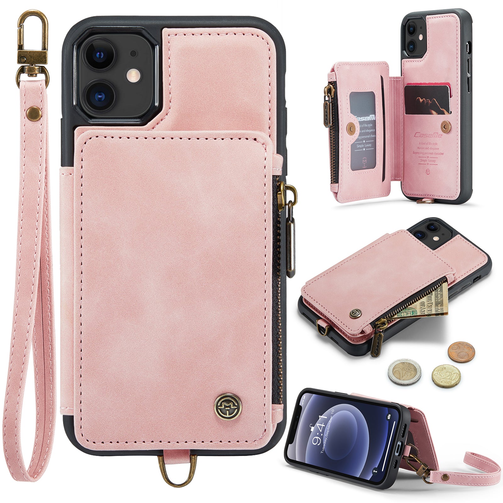 CASEME C20 Series for iPhone 12 mini 5.4 inch PU Leather Coated TPU Zipper Pocket Case RFID Blocking Wallet Kickstand Protective Phone Cover with Strap