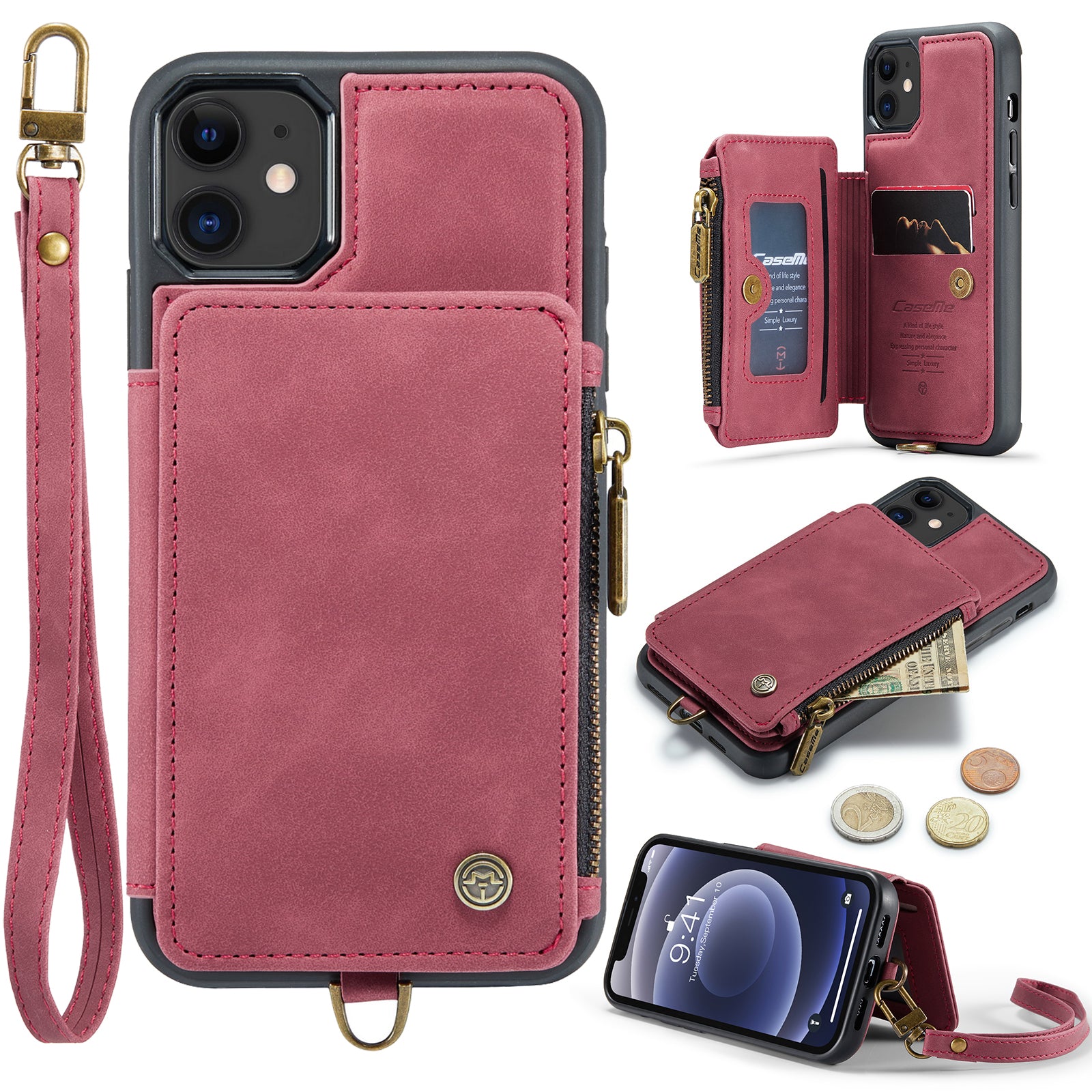 CASEME C20 Series for iPhone 12 mini 5.4 inch PU Leather Coated TPU Zipper Pocket Case RFID Blocking Wallet Kickstand Protective Phone Cover with Strap
