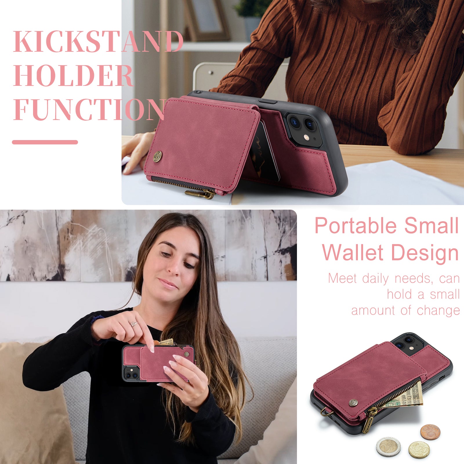 CASEME C20 Series for iPhone 12 mini 5.4 inch PU Leather Coated TPU Zipper Pocket Case RFID Blocking Wallet Kickstand Protective Phone Cover with Strap