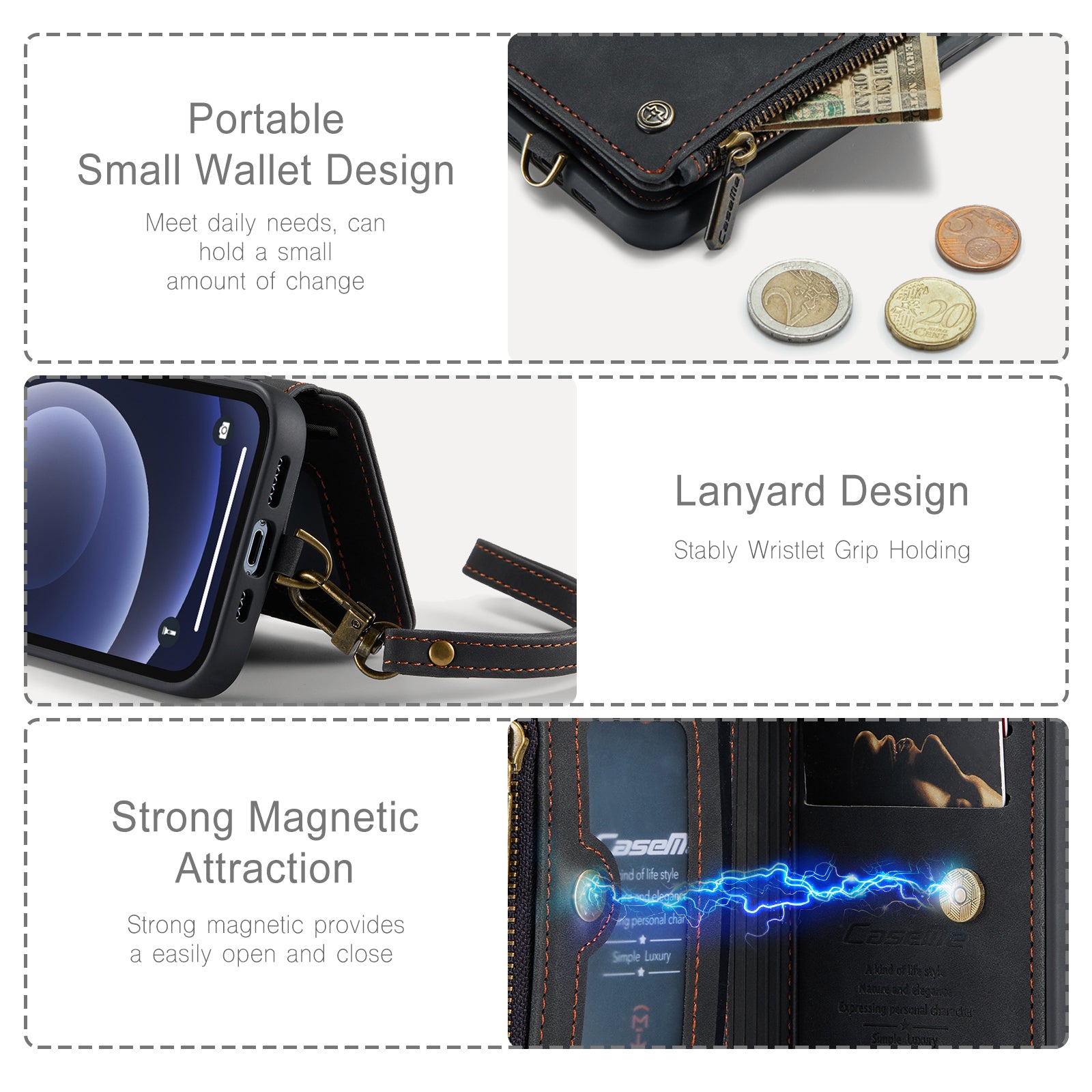 CASEME C20 Series for iPhone 12 mini 5.4 inch PU Leather Coated TPU Zipper Pocket Case RFID Blocking Wallet Kickstand Protective Phone Cover with Strap