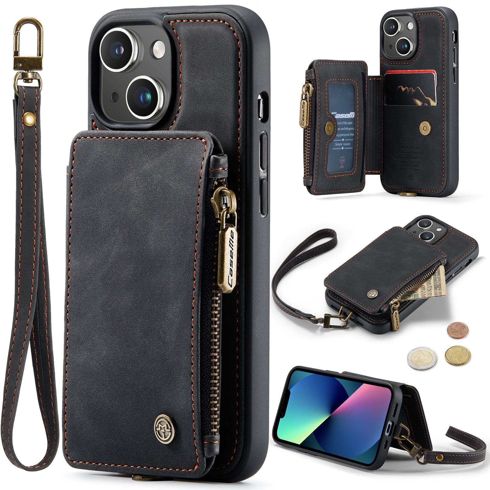 CASEME C20 Series for iPhone 13 mini 5.4 inch Zipper Pocket Kickstand Phone Case RFID Blocking PU Leather Coated TPU Wallet Cover with Strap
