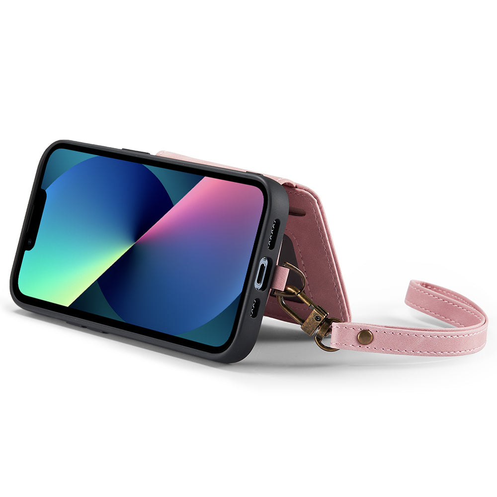 CASEME C20 Series for iPhone 13 mini 5.4 inch Zipper Pocket Kickstand Phone Case RFID Blocking PU Leather Coated TPU Wallet Cover with Strap
