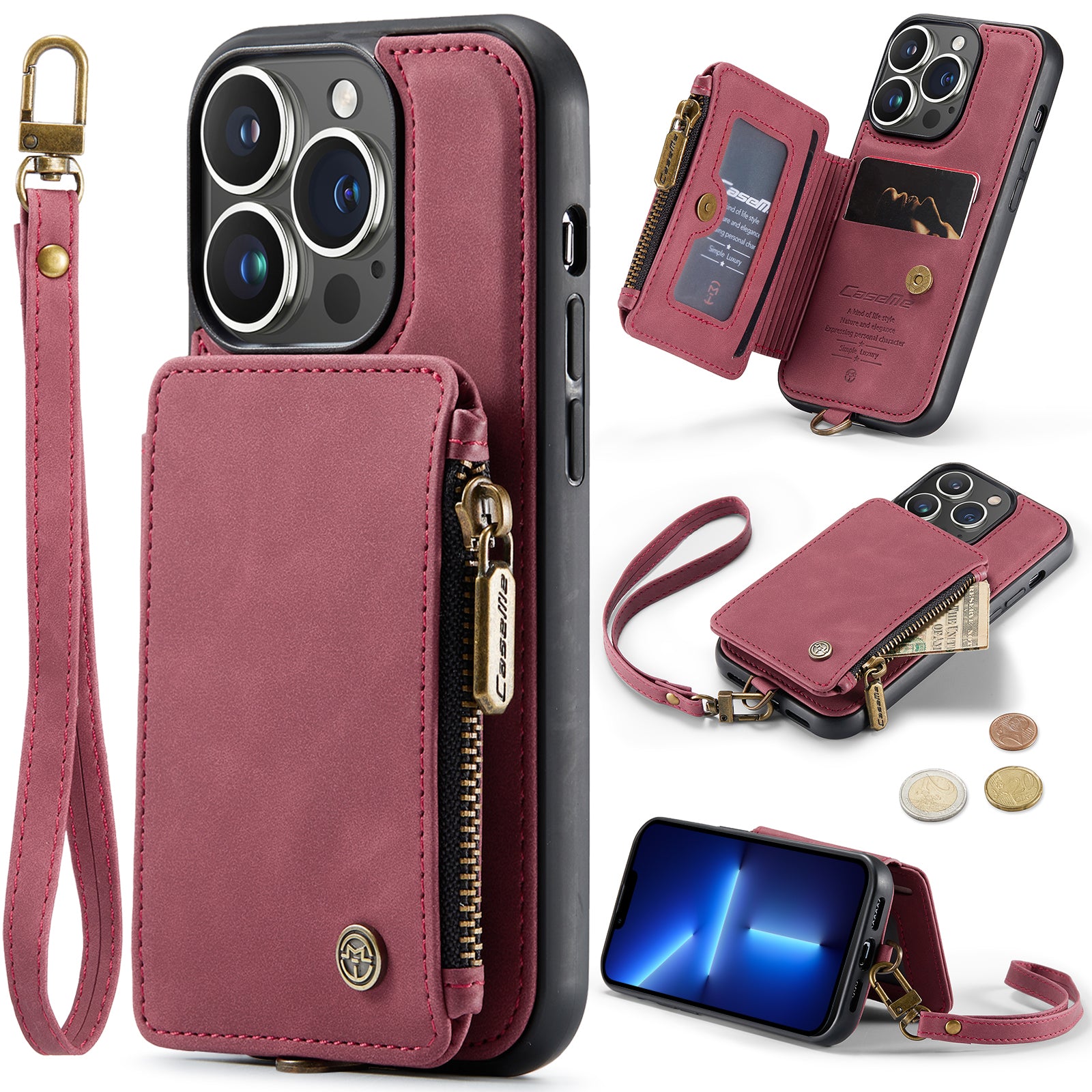 CASEME C20 Series for iPhone 13 Pro 6.1 inch RFID Blocking Zipper Pocket Wallet Case PU Leather Coated TPU Kickstand Protective Phone Cover with Strap