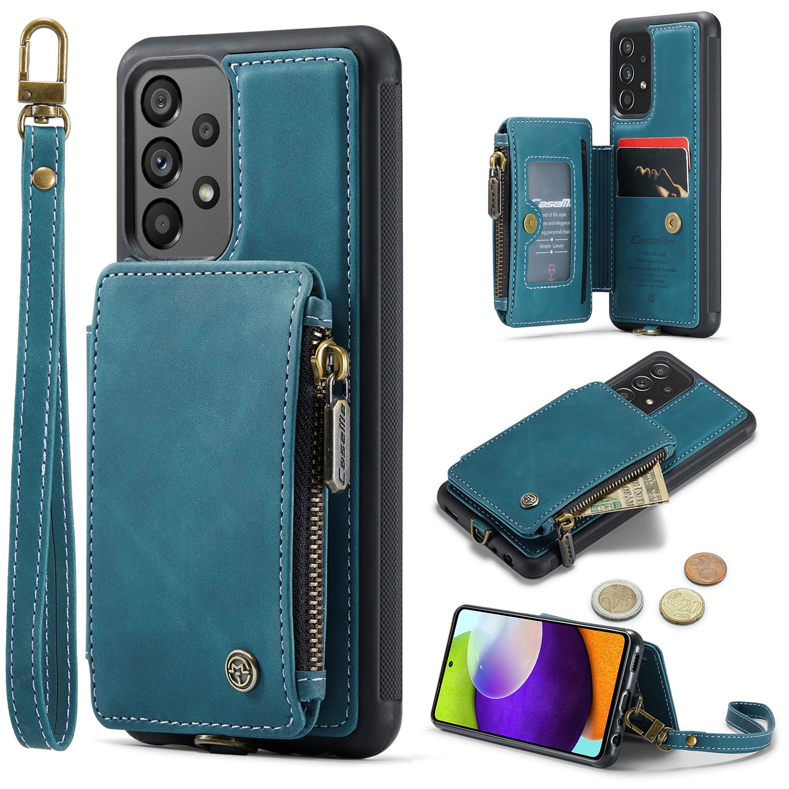 CASEME C20 Series for Samsung Galaxy A73 5G Zipper Pocket Kickstand Wallet Phone Case PU Leather Coated TPU RFID Blocking Protective Cover with Strap