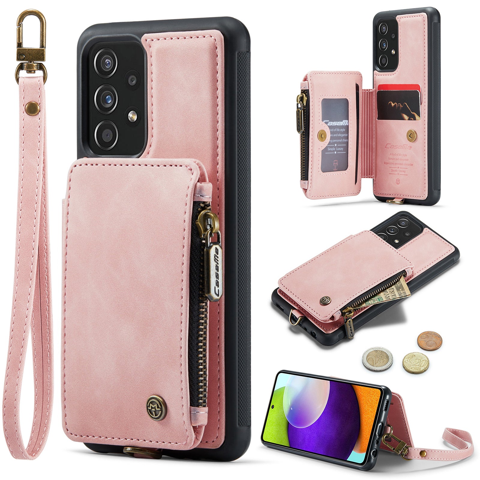 CASEME C20 Series for Samsung Galaxy A72 4G 5G PU Leather Coated TPU Zipper Pocket Case RFID Blocking Wallet Kickstand Shockproof Phone Cover with Strap