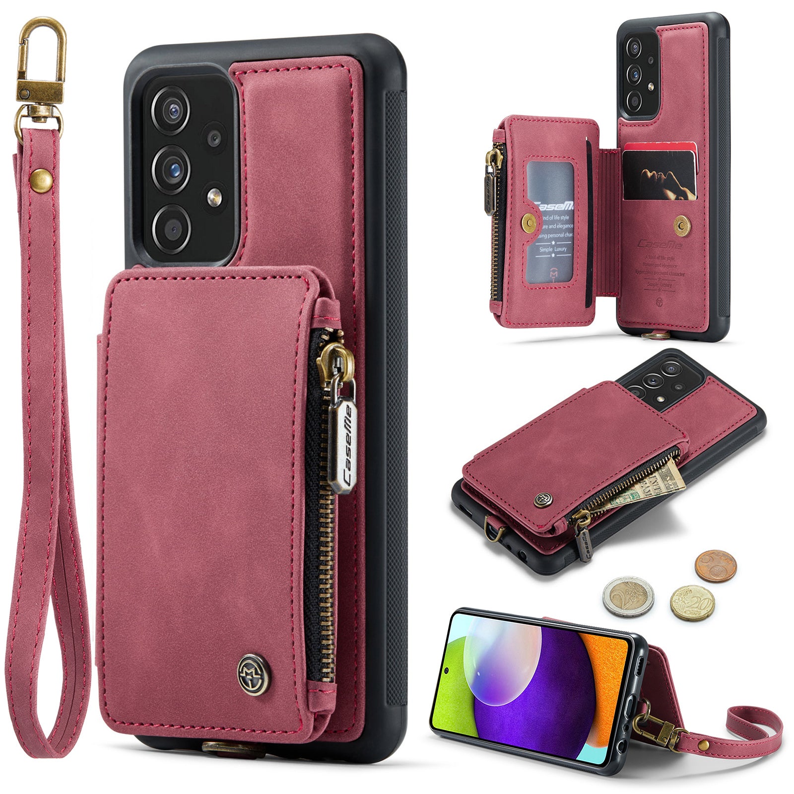 CASEME C20 Series for Samsung Galaxy A72 4G 5G PU Leather Coated TPU Zipper Pocket Case RFID Blocking Wallet Kickstand Shockproof Phone Cover with Strap