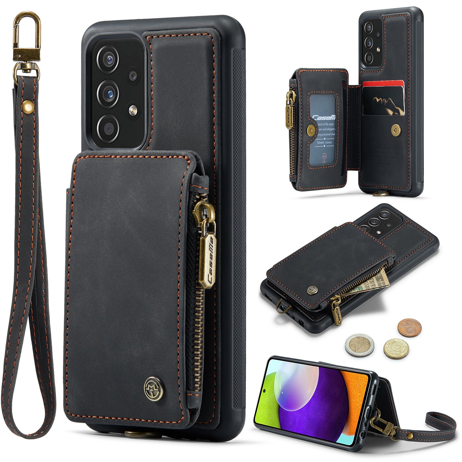CASEME C20 Series for Samsung Galaxy A53 5G RFID Blocking Zipper Pocket Kickstand Case PU Leather Coated TPU Handbag Wallet Phone Cover with Strap