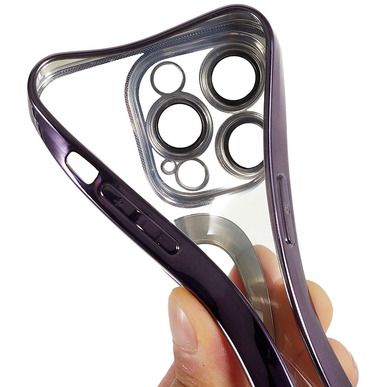 For iPhone 13 Pro Max 6.7 inch Electroplating Edges Soft TPU Case CD Texture Ring Logo Hole Design Clear Phone Cover with Built-in PC Lens Film
