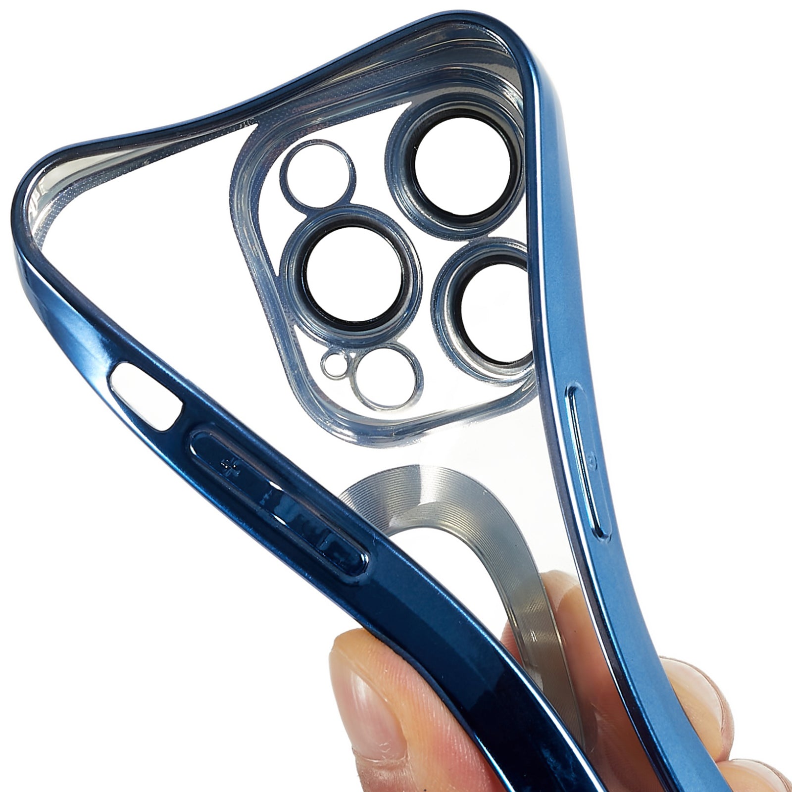 For iPhone 14 Pro Max Electroplating Edges Transparent Phone Case CD Texture Ring Logo Hole Design Soft TPU Shockproof Cover with Built-in Camera Lens Protector