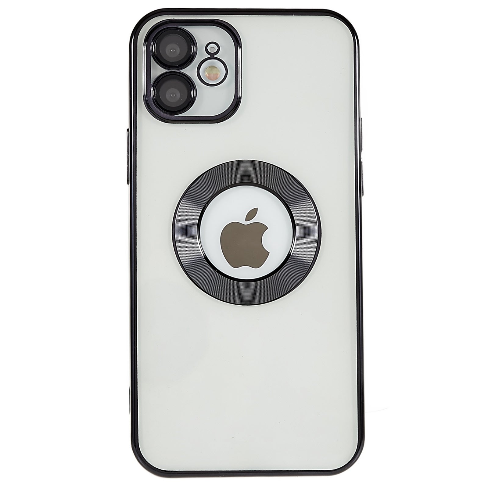 For iPhone 12 6.1 inch Electroplating Edges Soft TPU Case CD Texture Ring Logo Hole Design Clear Phone Cover with Built-in PC Camera Lens Film