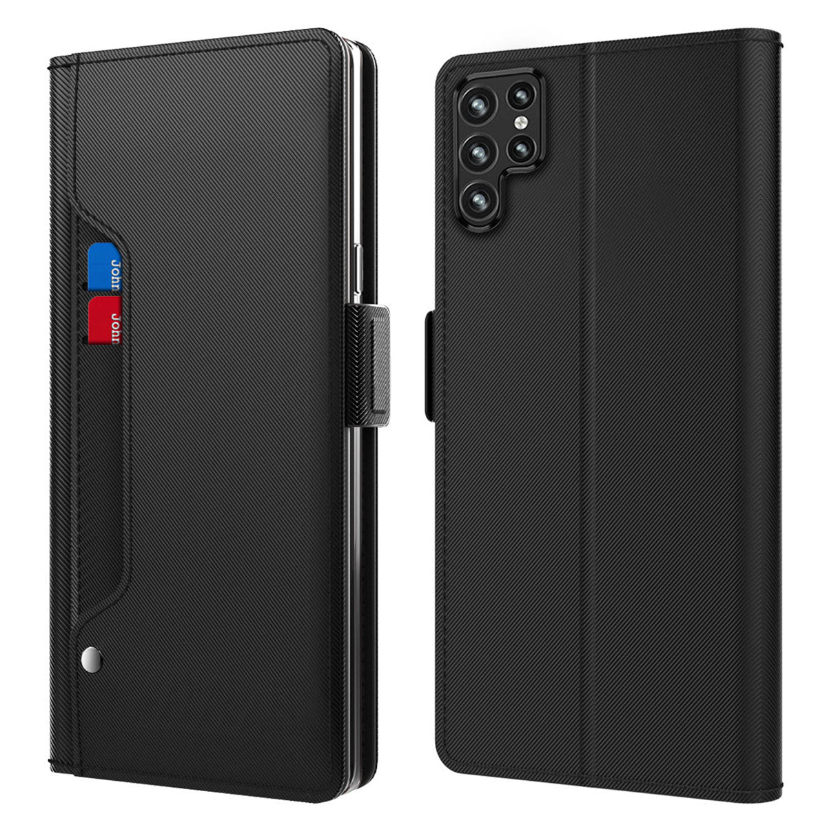 For Samsung Galaxy S22 Ultra 5G PU Leather Smartphone Case Card Holder Stand Dual Magnetic Clasp Anti-drop Protective Cell Phone Cover with Makeup Mirror