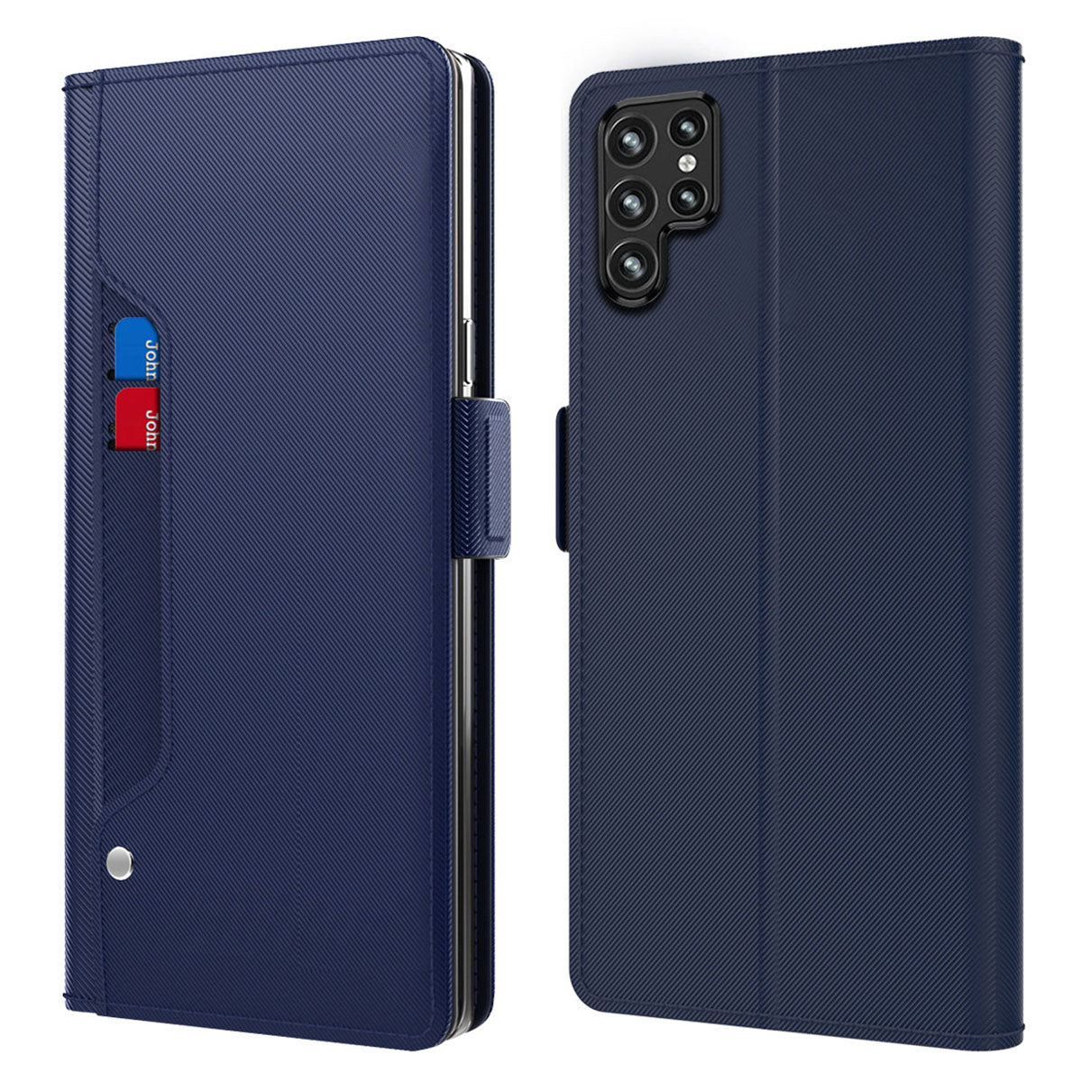 For Samsung Galaxy S22 Ultra 5G PU Leather Smartphone Case Card Holder Stand Dual Magnetic Clasp Anti-drop Protective Cell Phone Cover with Makeup Mirror