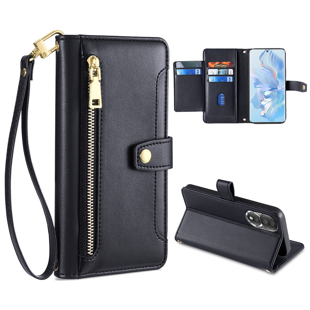 For Honor 80 5G Full Coverage PU Leather Stand Case Zipper Pocket Card Slots Flip Phone Cover with Wrist Strap and Shoulder Strap