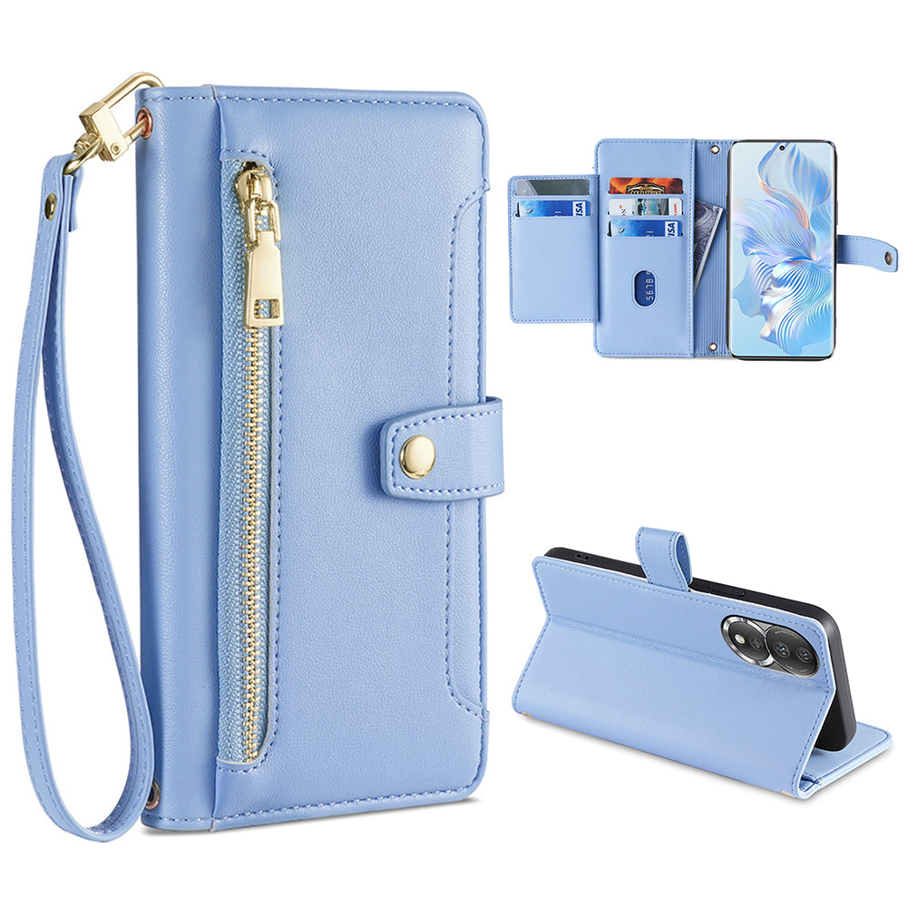 For Honor 80 5G Full Coverage PU Leather Stand Case Zipper Pocket Card Slots Flip Phone Cover with Wrist Strap and Shoulder Strap
