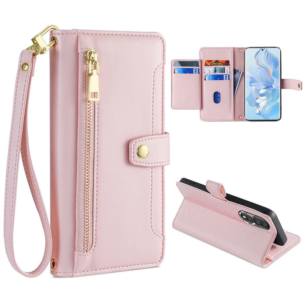 For Honor 80 5G Full Coverage PU Leather Stand Case Zipper Pocket Card Slots Flip Phone Cover with Wrist Strap and Shoulder Strap