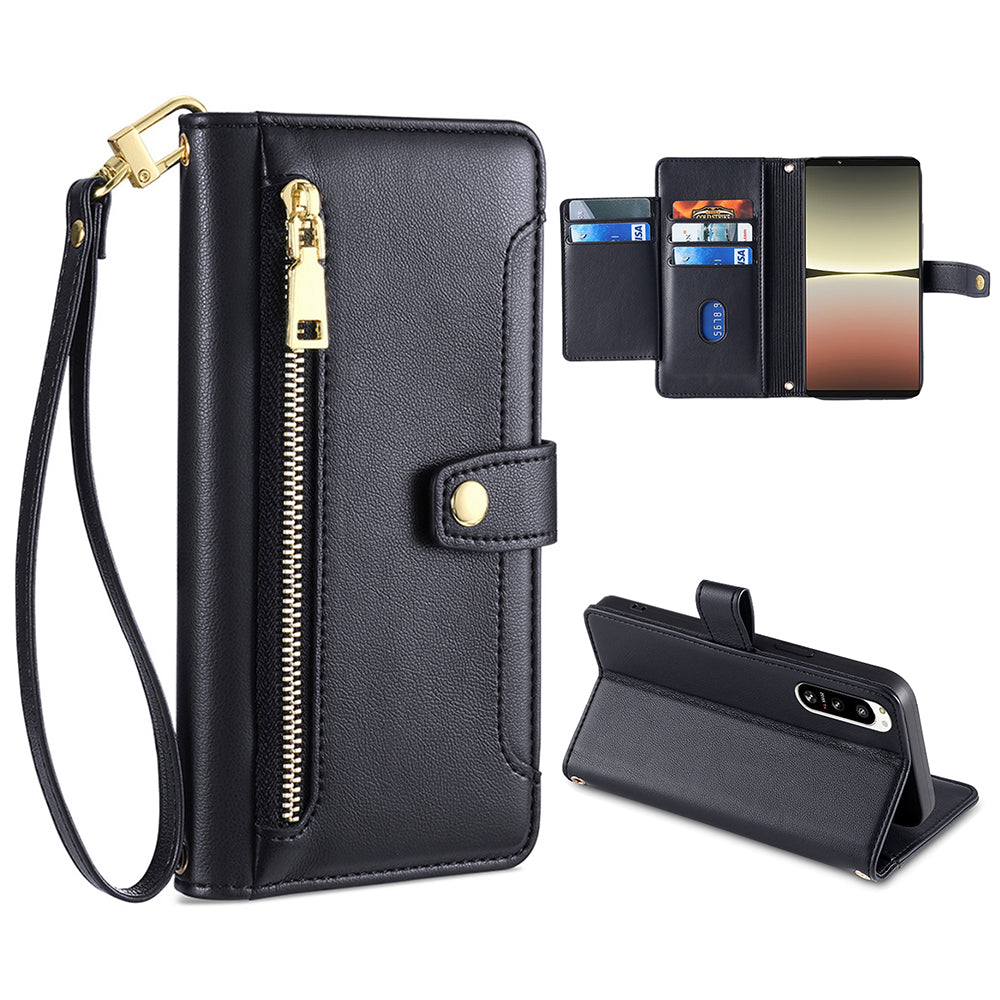 For Sony Xperia 5 IV 5G Book Style PU Leather Stand Case Zipper Pocket Card Slots Flip Phone Cover with Wrist Strap and Shoulder Strap