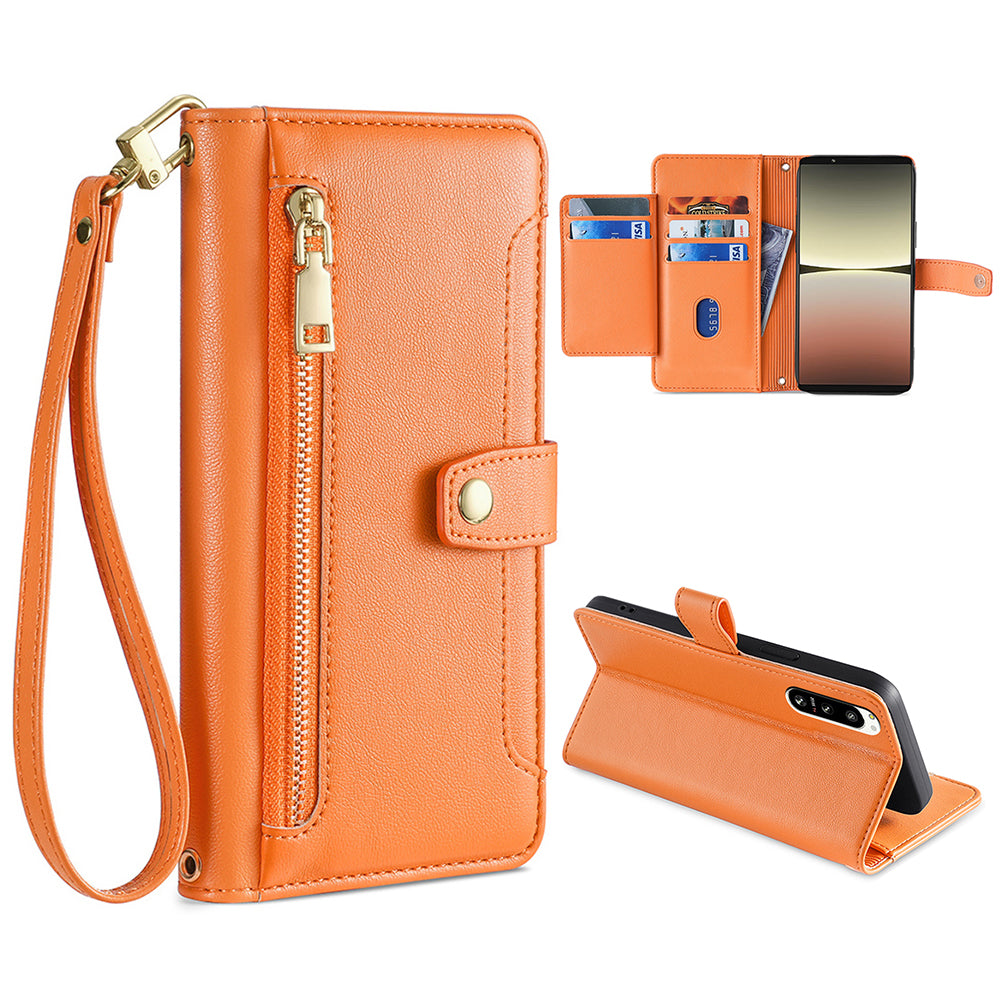 For Sony Xperia 5 IV 5G Book Style PU Leather Stand Case Zipper Pocket Card Slots Flip Phone Cover with Wrist Strap and Shoulder Strap