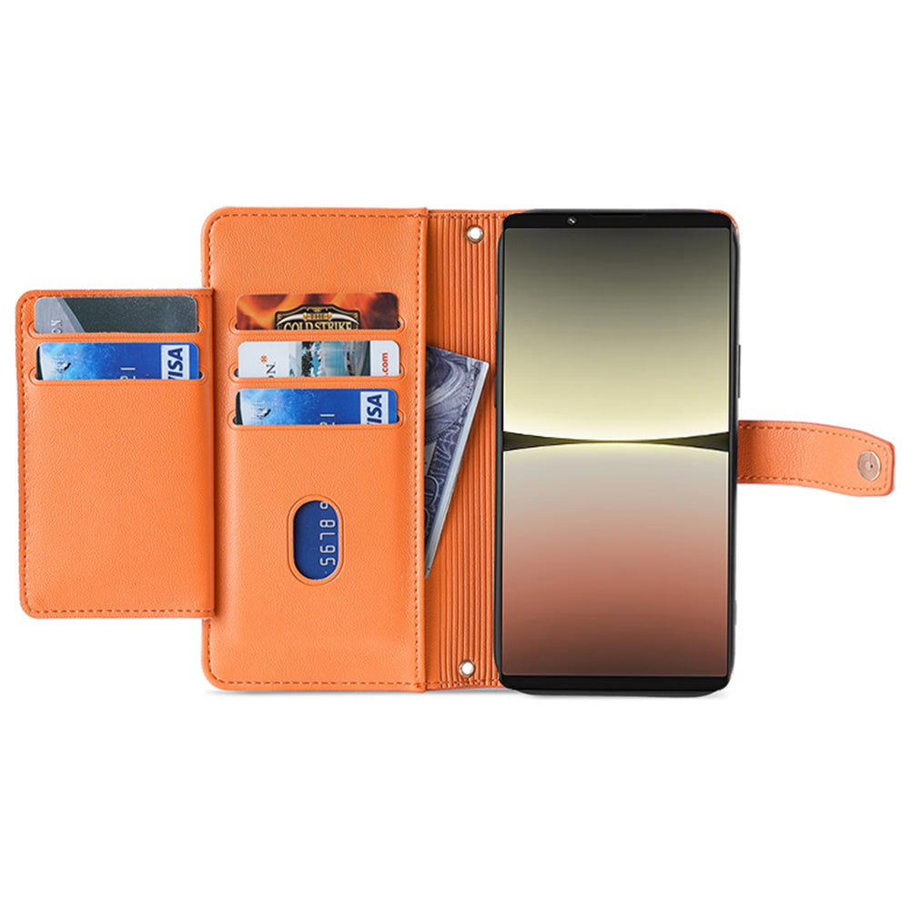 For Sony Xperia 5 IV 5G Book Style PU Leather Stand Case Zipper Pocket Card Slots Flip Phone Cover with Wrist Strap and Shoulder Strap