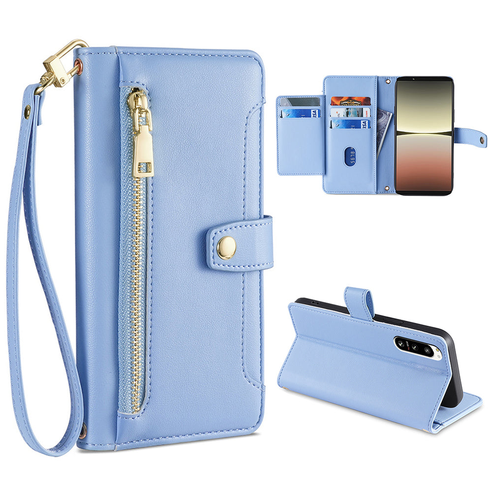 For Sony Xperia 5 IV 5G Book Style PU Leather Stand Case Zipper Pocket Card Slots Flip Phone Cover with Wrist Strap and Shoulder Strap