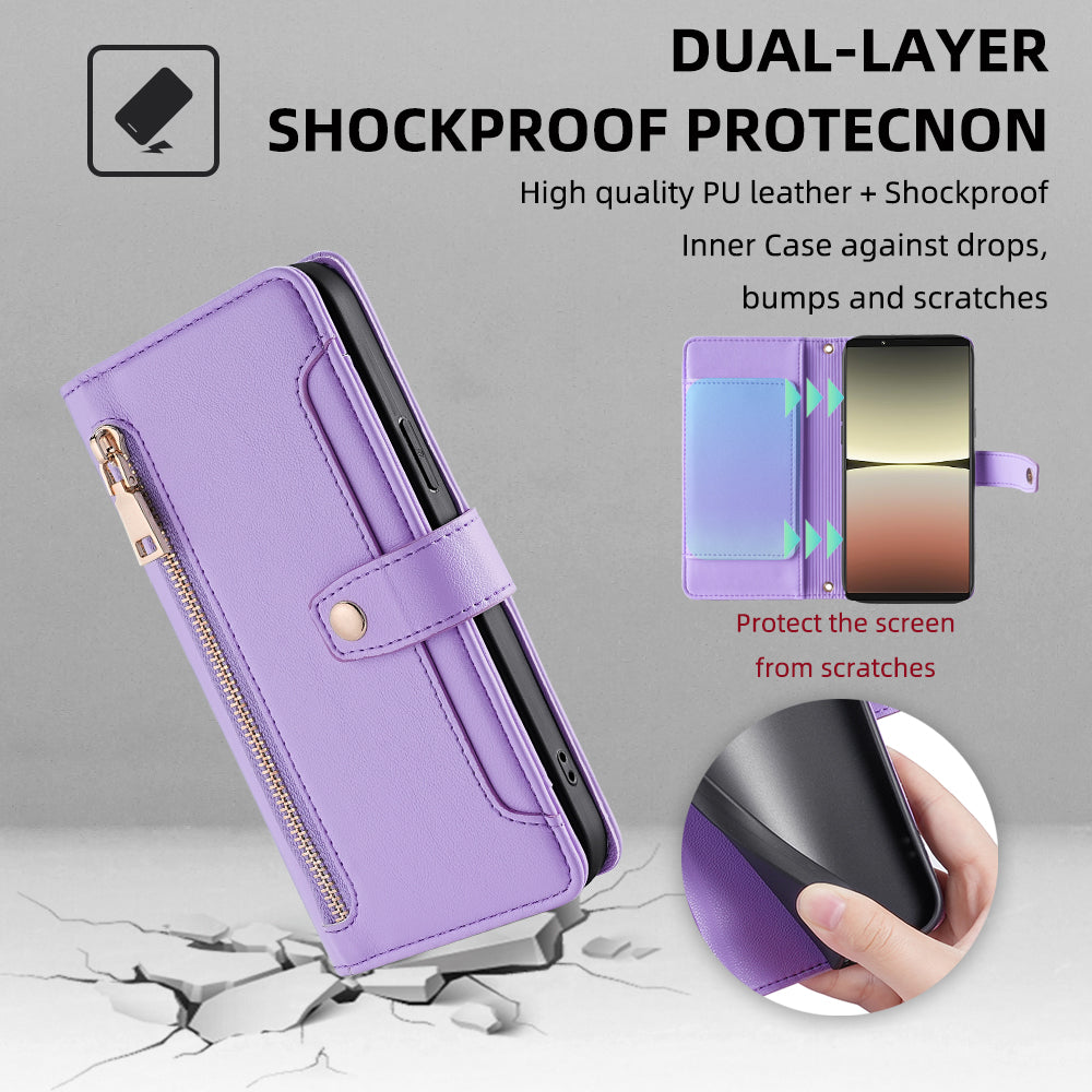 For Sony Xperia 5 IV 5G Book Style PU Leather Stand Case Zipper Pocket Card Slots Flip Phone Cover with Wrist Strap and Shoulder Strap