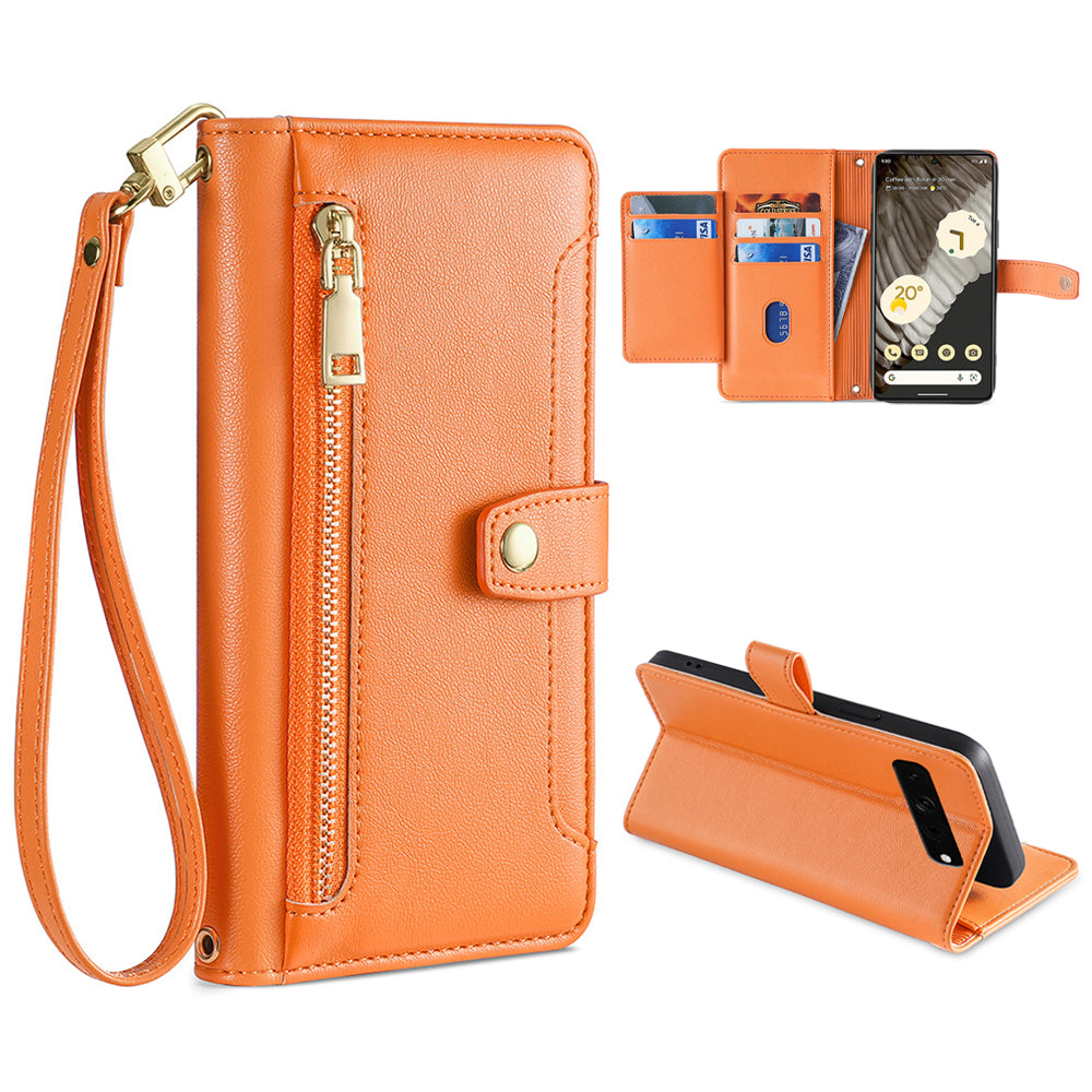 For Google Pixel 7 Pro 5G Textured PU Leather Zipper Pocket Flip Folio Case Multiple Card Slots Wallet Stand Wallet Phone Cover with Wrist Strap and Shoulder Strap
