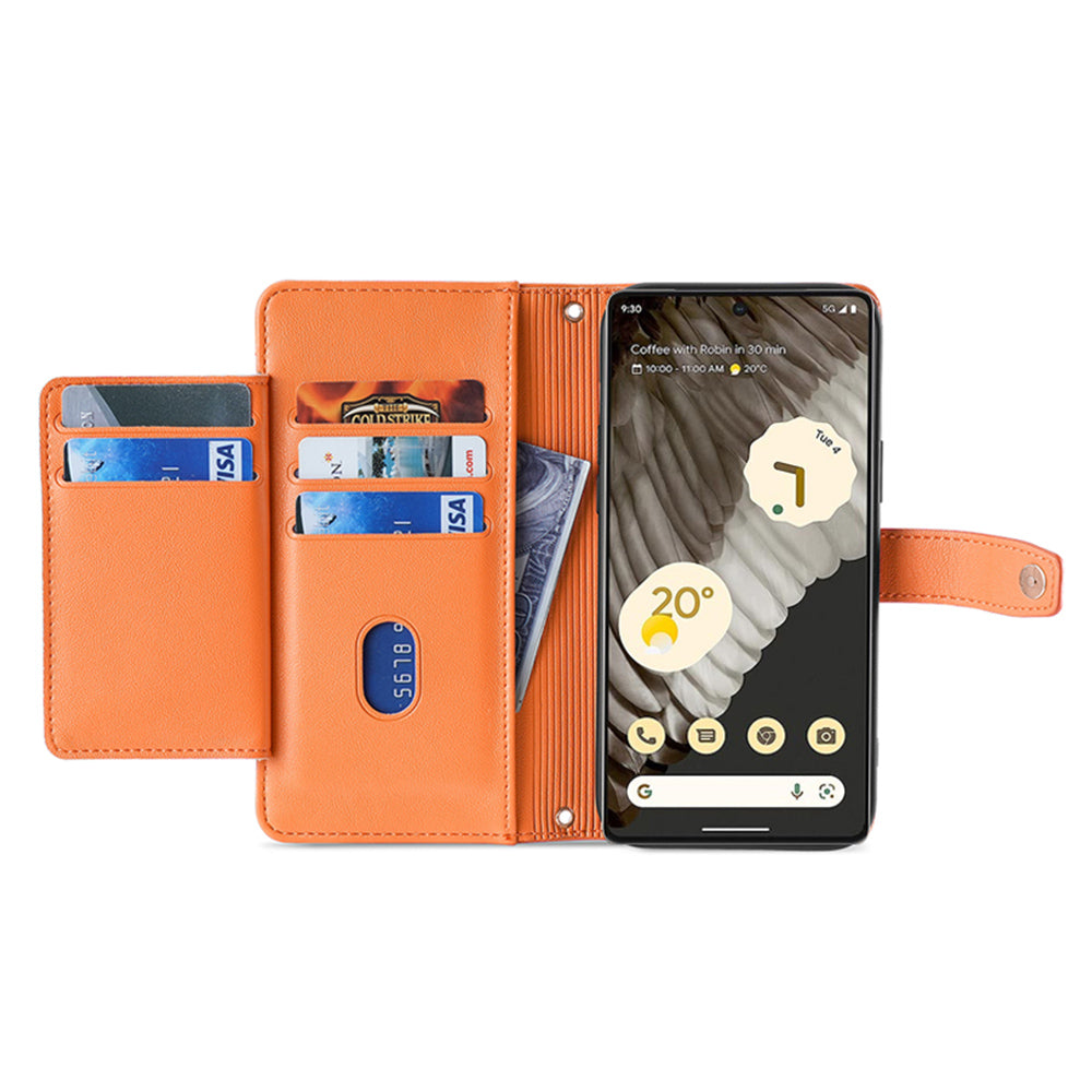 For Google Pixel 7 Pro 5G Textured PU Leather Zipper Pocket Flip Folio Case Multiple Card Slots Wallet Stand Wallet Phone Cover with Wrist Strap and Shoulder Strap