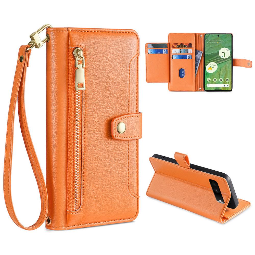 For Google Pixel 7 5G Textured PU Leather Zipper Pocket Wallet Phone Case Stand Multiple Card Slots Magnetic Closure Cover with Wrist Strap and Shoulder Strap