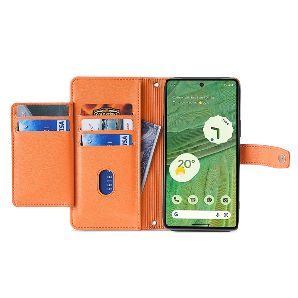 For Google Pixel 7 5G Textured PU Leather Zipper Pocket Wallet Phone Case Stand Multiple Card Slots Magnetic Closure Cover with Wrist Strap and Shoulder Strap