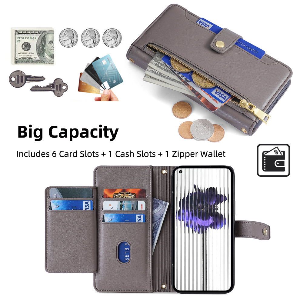 For Nothing phone (1) 5G kapsa na zip proti poškrábání PU kožený stojánek Pouzdro Sloty na karty Flipový kryt telefonu s popruhem na zápěstí a popruhem přes rameno