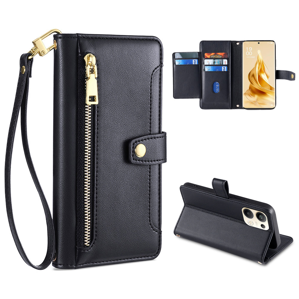For Oppo Reno9 Pro 5G Textured PU Leather Wallet Phone Case Stand Multiple Card Slots Zipper Pocket Phone Cover with Wrist Strap and Shoulder Strap