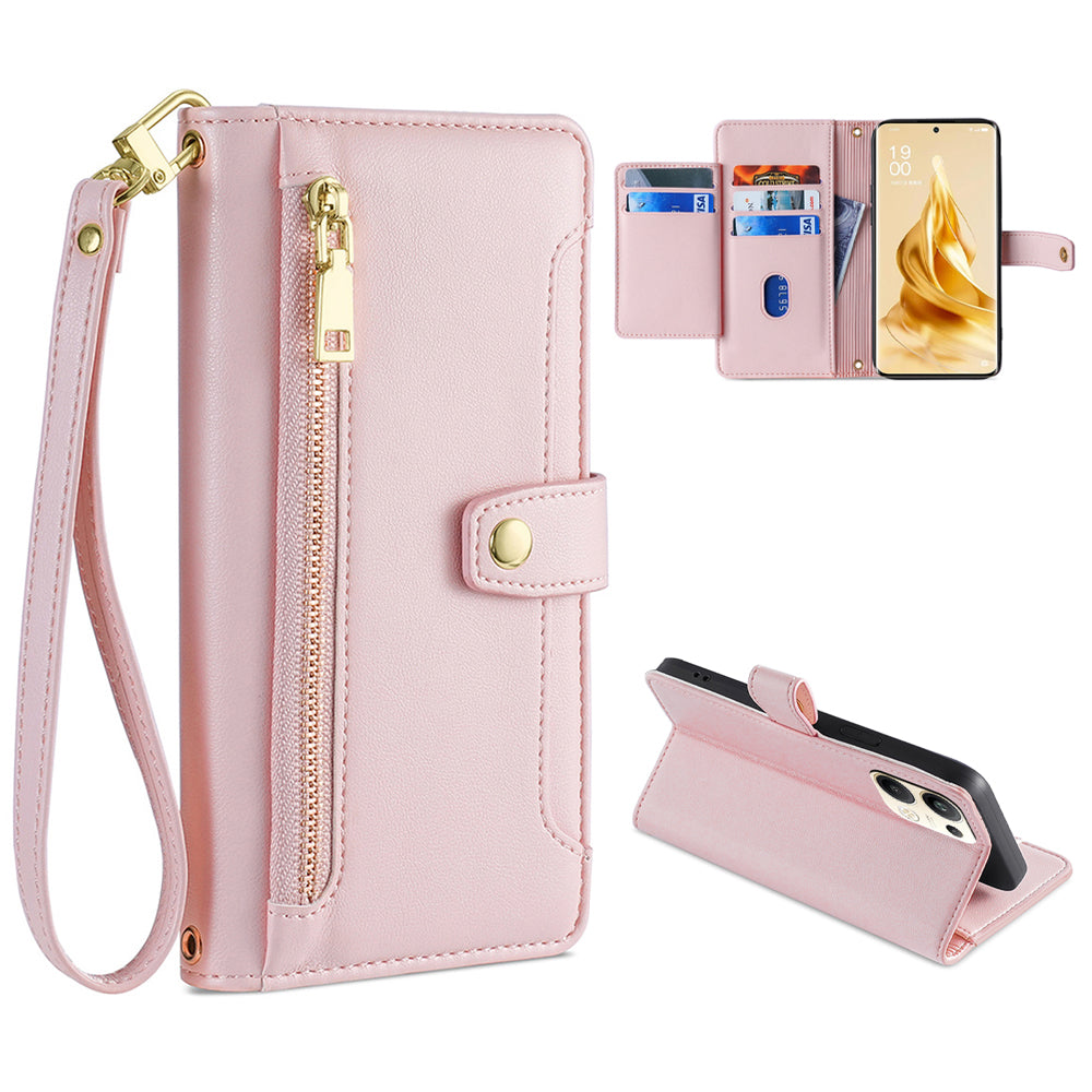 For Oppo Reno9 Pro 5G Textured PU Leather Wallet Phone Case Stand Multiple Card Slots Zipper Pocket Phone Cover with Wrist Strap and Shoulder Strap
