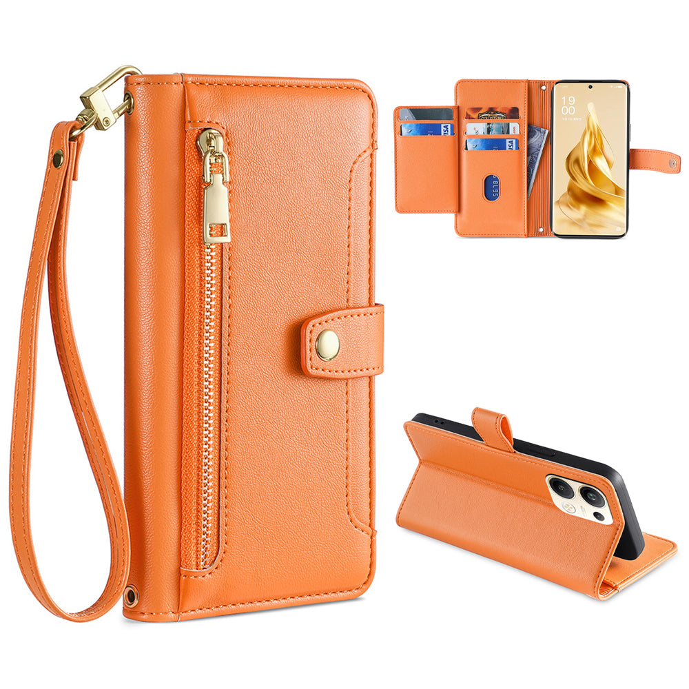 For Oppo Reno9 Pro 5G Textured PU Leather Wallet Phone Case Stand Multiple Card Slots Zipper Pocket Phone Cover with Wrist Strap and Shoulder Strap
