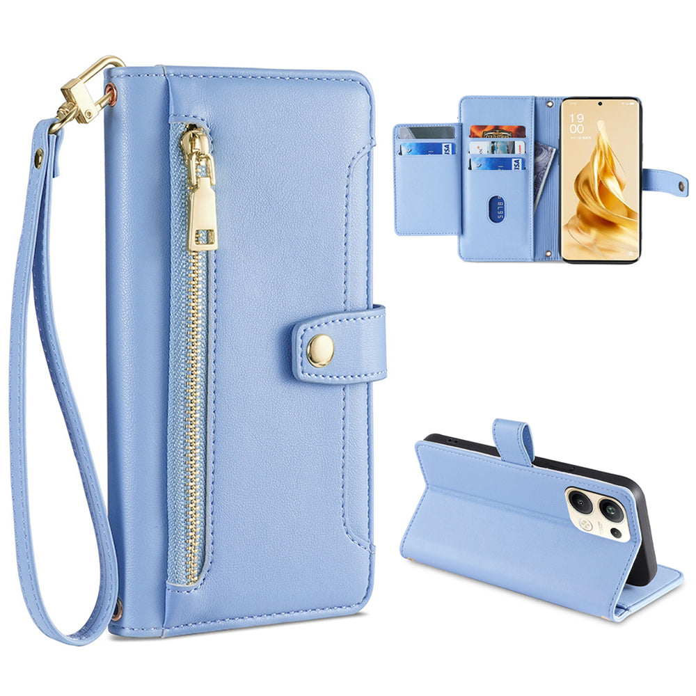 For Oppo Reno9 Pro 5G Textured PU Leather Wallet Phone Case Stand Multiple Card Slots Zipper Pocket Phone Cover with Wrist Strap and Shoulder Strap