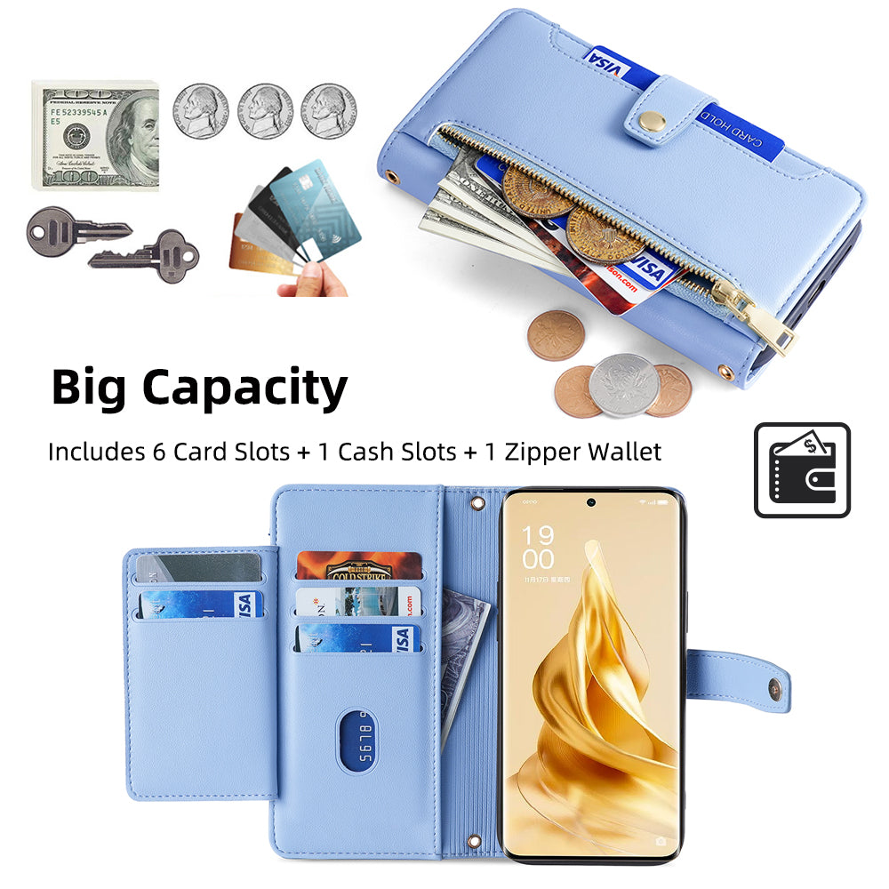 For Oppo Reno9 Pro 5G Textured PU Leather Wallet Phone Case Stand Multiple Card Slots Zipper Pocket Phone Cover with Wrist Strap and Shoulder Strap