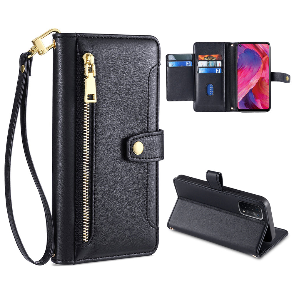 For Oppo A54 5G Multiple Card Slots Zipper Pocket Case Textured PU Leather Stand Flip Wallet Phone Cover with Wrist Strap and Shoulder Strap