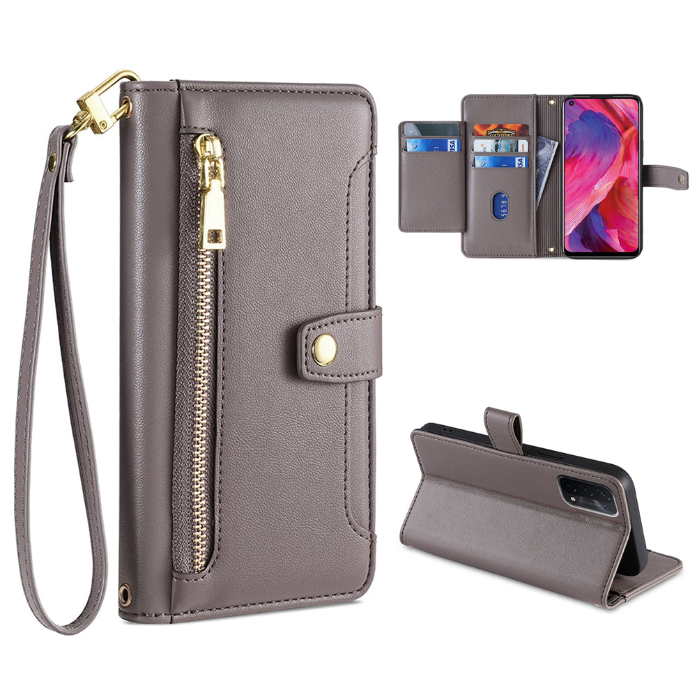 For Oppo A54 5G Multiple Card Slots Zipper Pocket Case Textured PU Leather Stand Flip Wallet Phone Cover with Wrist Strap and Shoulder Strap