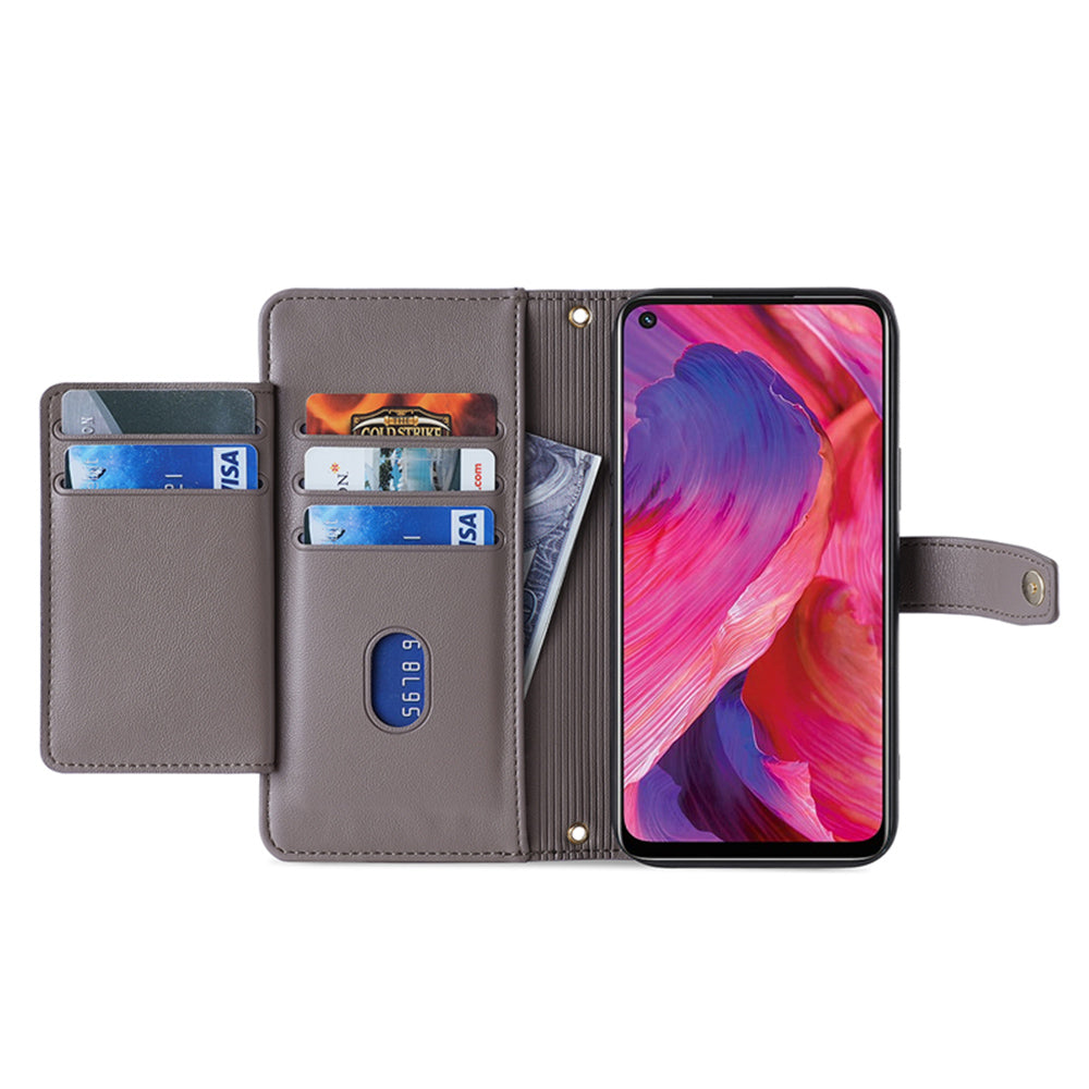 For Oppo A54 5G Multiple Card Slots Zipper Pocket Case Textured PU Leather Stand Flip Wallet Phone Cover with Wrist Strap and Shoulder Strap