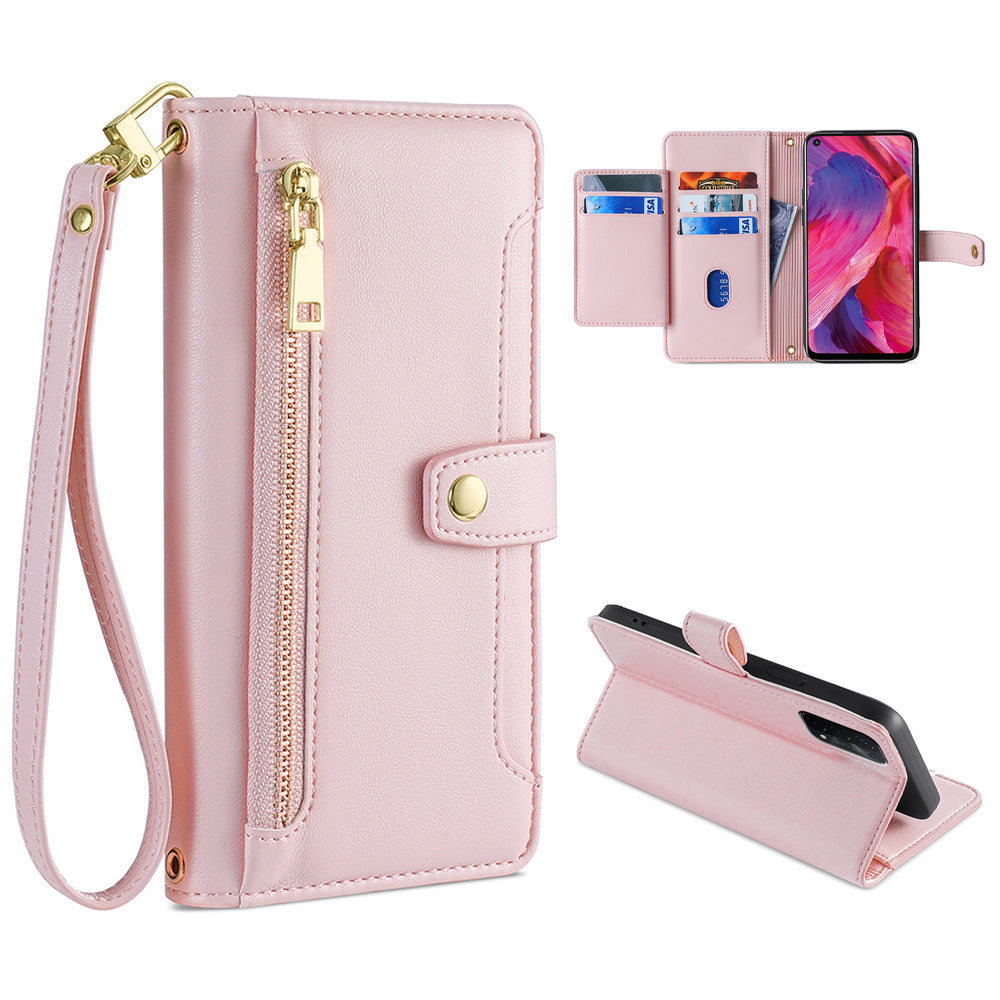 For Oppo A54 5G Multiple Card Slots Zipper Pocket Case Textured PU Leather Stand Flip Wallet Phone Cover with Wrist Strap and Shoulder Strap