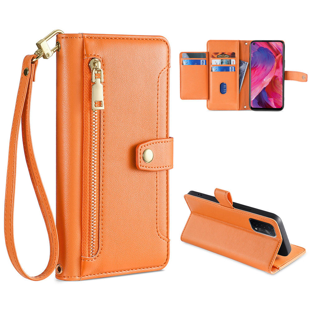 For Oppo A54 5G Multiple Card Slots Zipper Pocket Case Textured PU Leather Stand Flip Wallet Phone Cover with Wrist Strap and Shoulder Strap