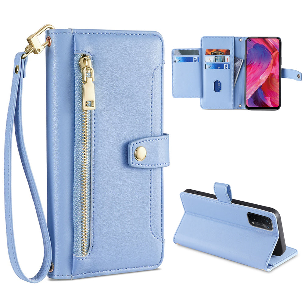 For Oppo A54 5G Multiple Card Slots Zipper Pocket Case Textured PU Leather Stand Flip Wallet Phone Cover with Wrist Strap and Shoulder Strap
