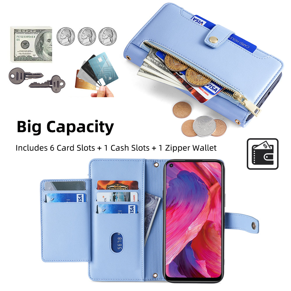 For Oppo A54 5G Multiple Card Slots Zipper Pocket Case Textured PU Leather Stand Flip Wallet Phone Cover with Wrist Strap and Shoulder Strap