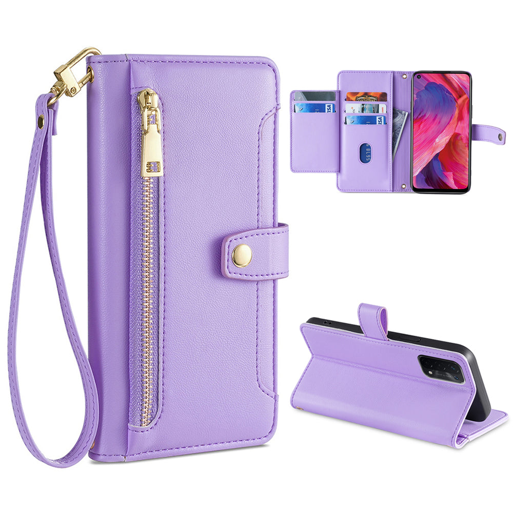 For Oppo A54 5G Multiple Card Slots Zipper Pocket Case Textured PU Leather Stand Flip Wallet Phone Cover with Wrist Strap and Shoulder Strap