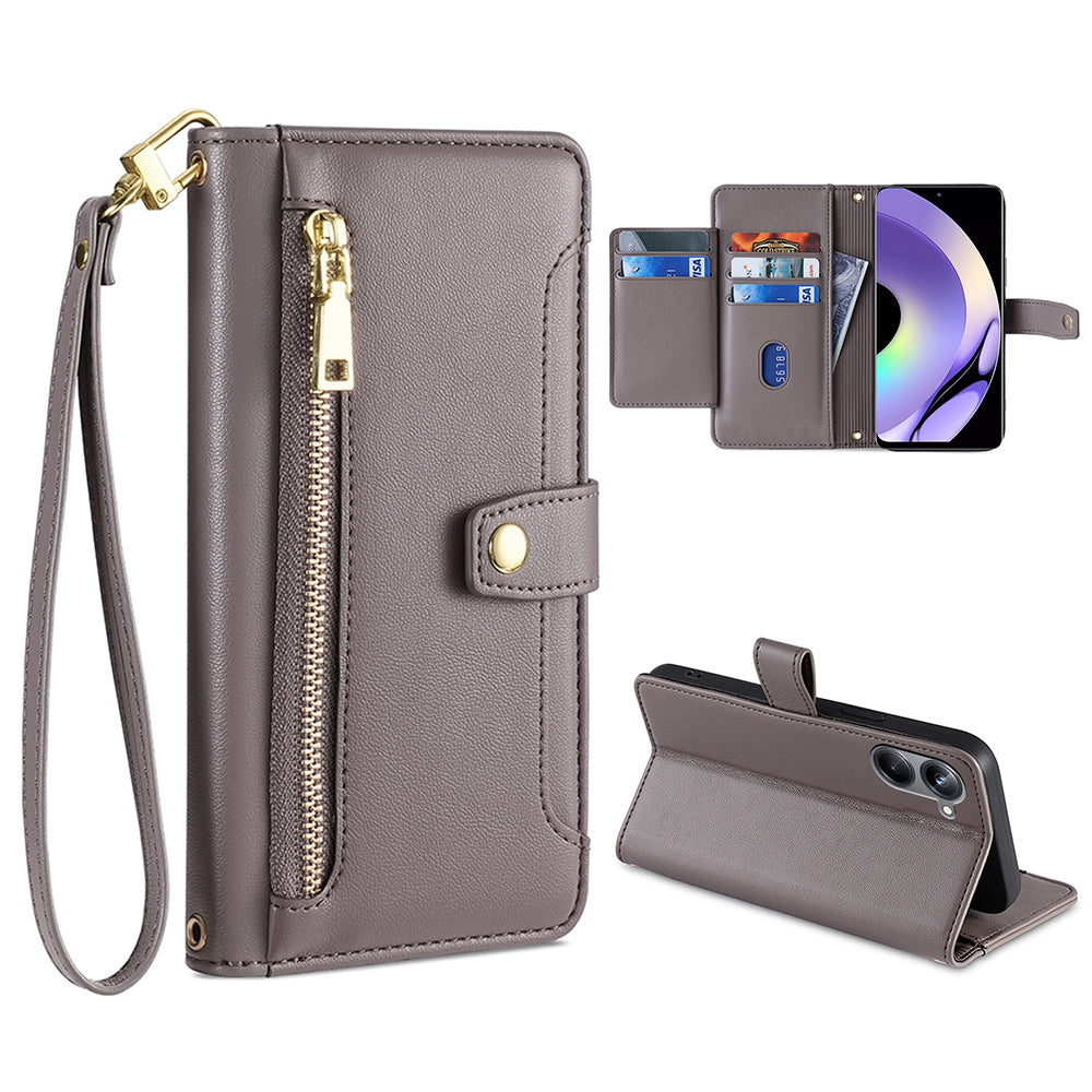 For Realme 10 Pro 5G Zipper Pocket PU Leather Stand Case Card Slots Collision Proof Flip Phone Cover with Wrist Strap and Shoulder Strap