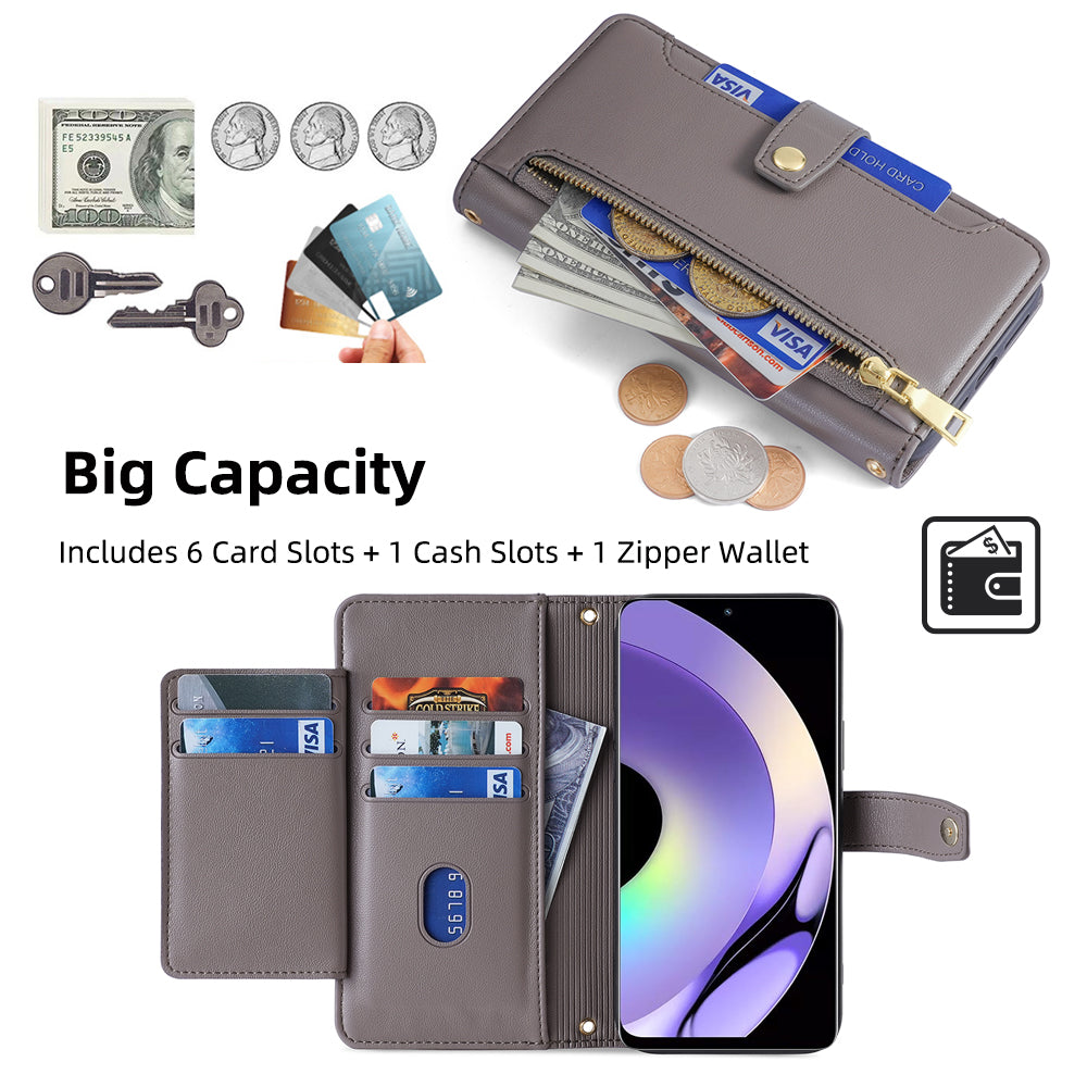 For Realme 10 Pro 5G Zipper Pocket PU Leather Stand Case Card Slots Collision Proof Flip Phone Cover with Wrist Strap and Shoulder Strap