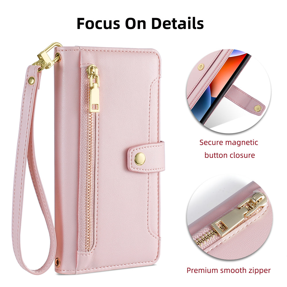 For Realme 10 Pro 5G Zipper Pocket PU Leather Stand Case Card Slots Collision Proof Flip Phone Cover with Wrist Strap and Shoulder Strap