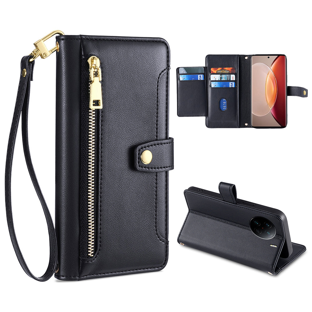 For vivo X90 Pro 5G Zipper Pocket Drop Resistant PU Leather Stand Case Card Slots Flip Phone Cover with Wrist Strap and Shoulder Strap