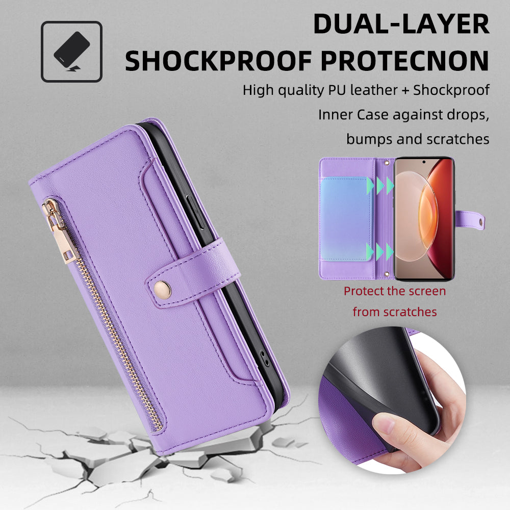 For vivo X90 Pro 5G Zipper Pocket Drop Resistant PU Leather Stand Case Card Slots Flip Phone Cover with Wrist Strap and Shoulder Strap